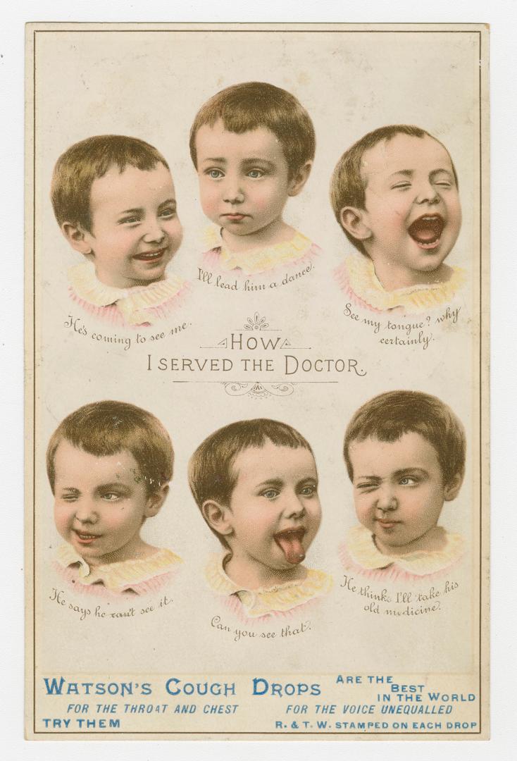 Colour trade card advertisement depicting an illustration of a child shown six times showing a …