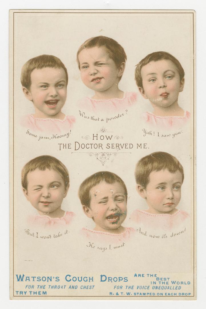 Colour trade card advertisement depicting an illustration of a child shown six times showing a …