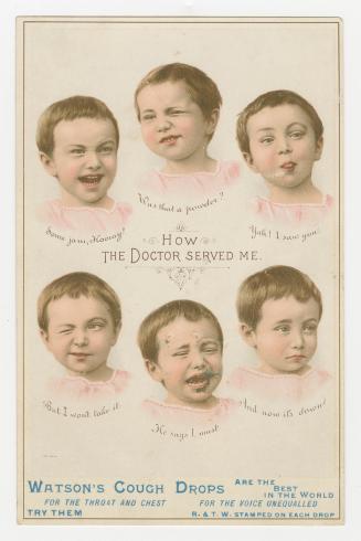 Colour trade card advertisement depicting an illustration of a child shown six times showing a …