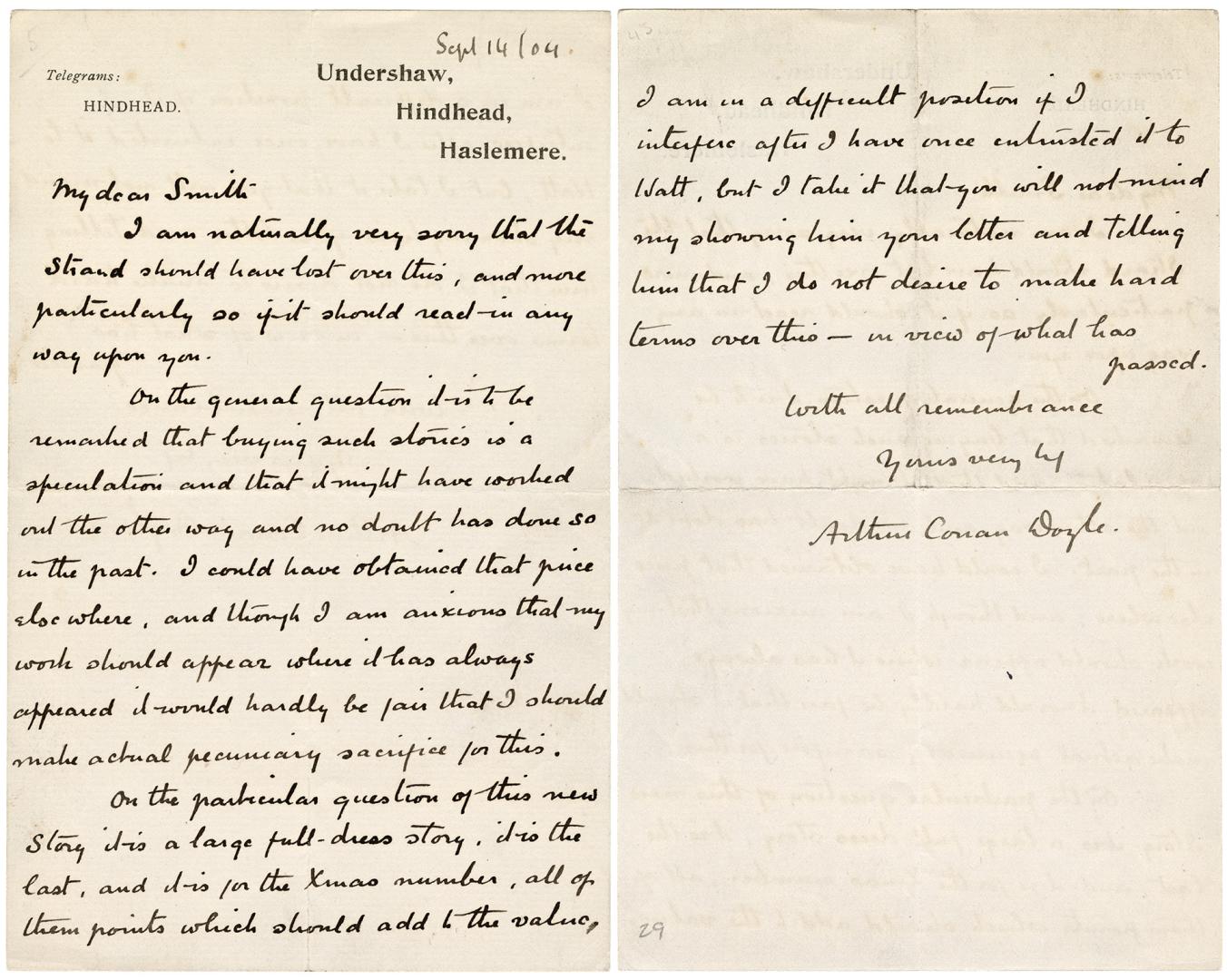 Manuscript letter in Arthur Conan Doyle's handwriting. 