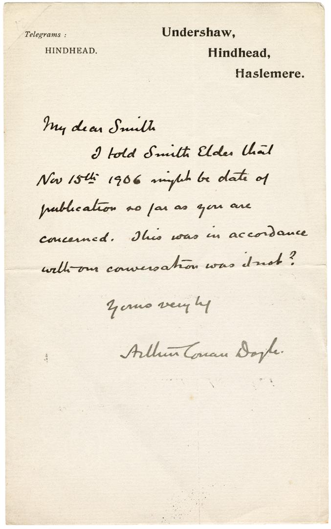 Manuscript letter written in Arthur Conan Doyle's handwriting. 