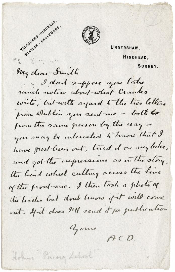 Manuscript letter written in Arthur Conan Doyle's handwriting. 