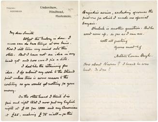 Manuscript letter written in Arthur Conan Doyle's handwriting. 