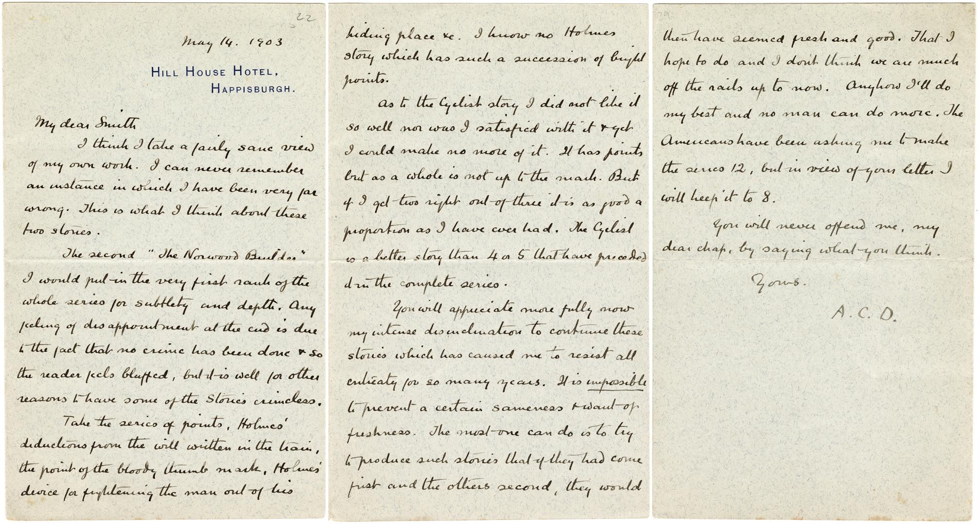 Manuscript letter written in Arthur Conan Doyle's handwriting. 