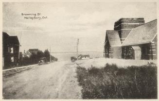 Photograph of houses lining a street in a small town.