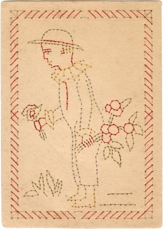 A man holds bouquets of flowers in both hands. The image is sewn directly onto cardstock. Handm…