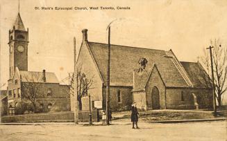 Church building with building with large clock tower to right. 