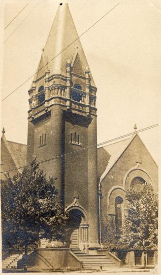 Picture of church with large tower. 