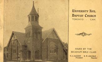 Large corner church with tower with right side of card for text. 