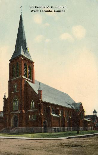 Large church building with spire. 