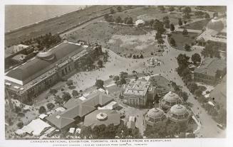 Aerial shot of large buildings in exhibition grounds. B & W.