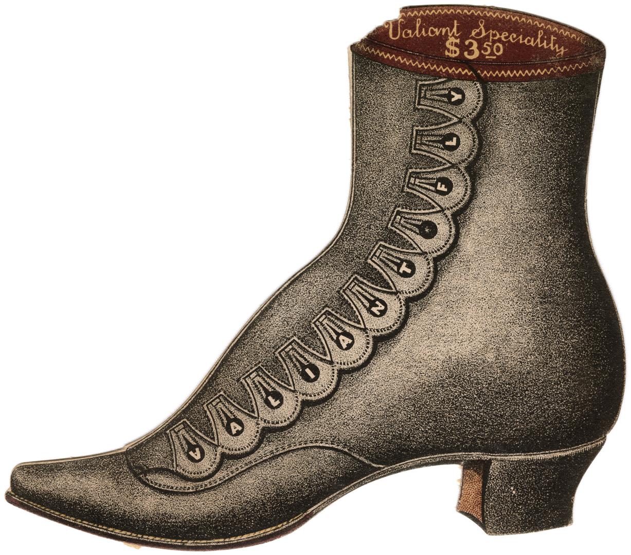 Colour trade card advertisement die-cut in the shape of a ladies heeled boot. The boot is grey/…