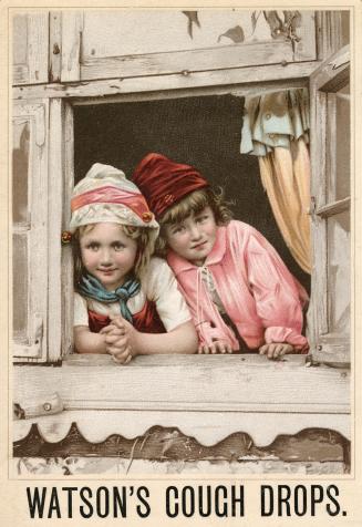 Colour trade card advertisement depicting an illustration of two children looking out a window.…