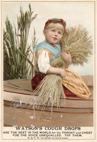 Colour trade card advertisement depicting an illustration of a child holding a sheaf of hay. Th…