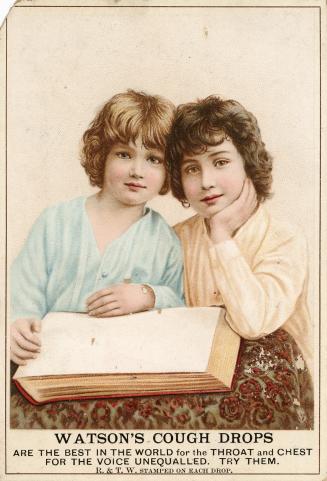 Colour trade card advertisement depicting an illustration of two children sitting up with a boo…