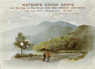 Colour trade card advertisement depicting an illustration of a mountainous shoreline with a cou…