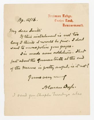 Manuscript letter in Arthur Conan Doyle's handwriting. 