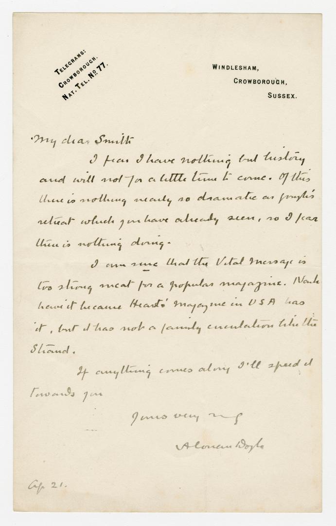 Windlesham, Crowborough, Sussex; "My dear Smith I fear I have nothing but history and will not for a little time to come"