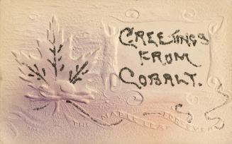 Cream colored card with a beaver and maple leaf embossed on it. "Greetings from Cobalt" in glit…