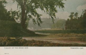 Colorized picture of a valley surrounded by trees with a river running through it.