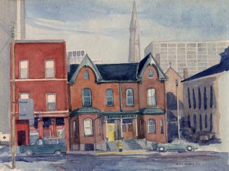 A watercolour painting of a row of three story houses and buildings facing a paved road. There …