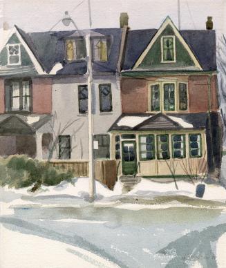 A watercolour painting of a row of three story houses during winter. There is snow on the groun…