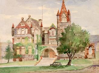 A painting of a large Richardsonian Romanesque building on a university campus, with a grassy a…