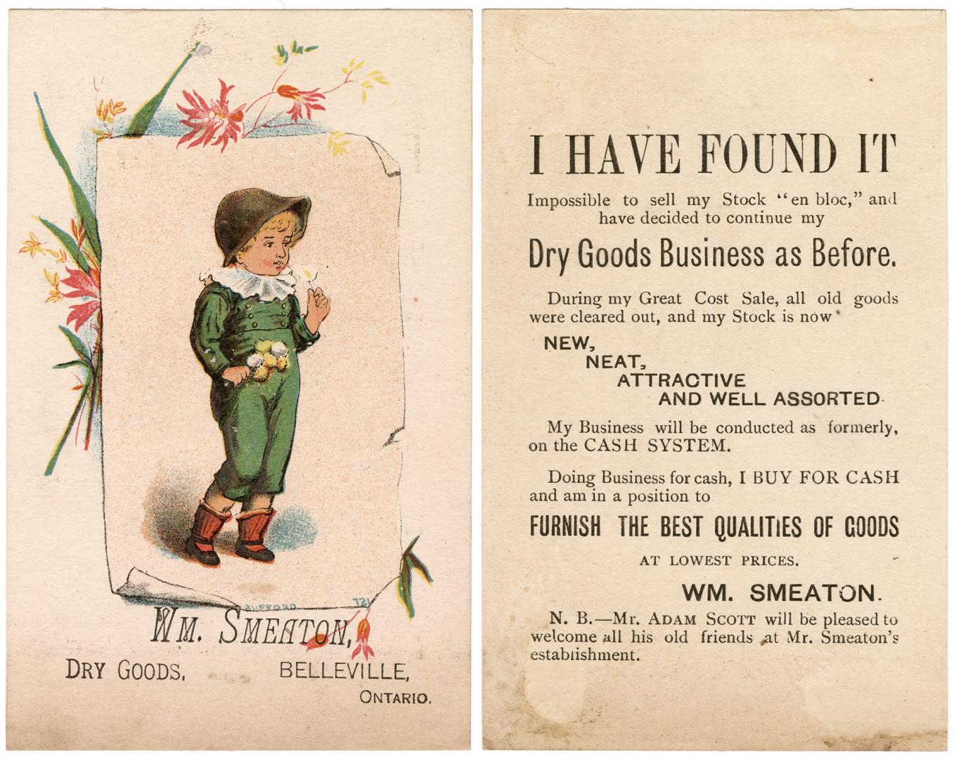 Colour trade card advertisement depicting an illustration of a child wearing a green outfit. Ca…