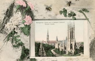 Picture of cathedral church with other cathedral church in background set in border with flower…