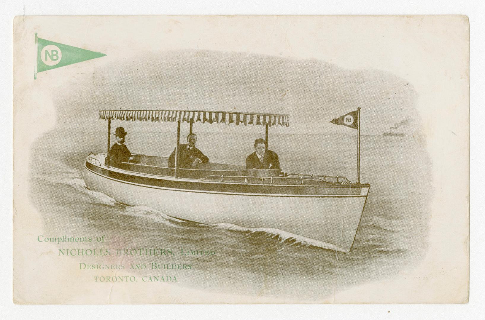 Illustration of small boat on the water with a striped awning and a three man crew. A flag with…