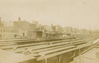 Black and white photograph of lines of railway cars lined up beside each other.