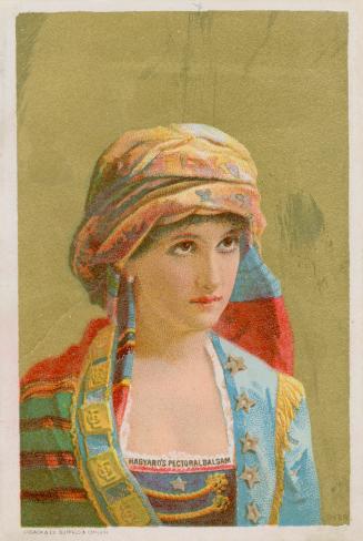 Colour trade card advertisement depicting an illustration of a lady in a colourful hat and dres…