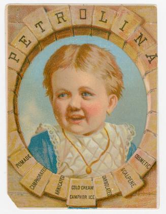 Colour trade card advertisement depicting an illustration of a happy-looking young child. Capti…