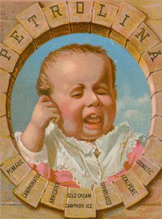 Colour trade card advertisement depicting an illustration of a baby with two front teeth. Capti…