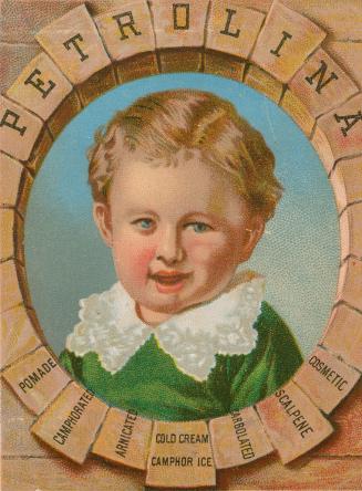 Colour trade card advertisement depicting an illustration of a child wearing a green and white …