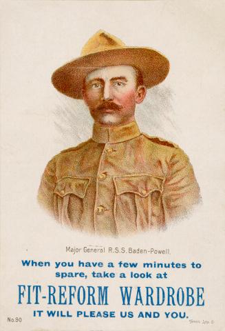 Colour trade card advertisement depicting an illustration of Major General R.S.S. Baden-Powell,…