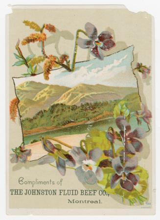 Colour trade card advertisement depicting nature scenes with caption at the bottom left stating…