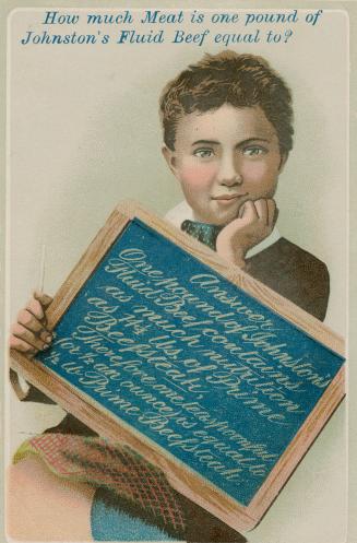 Colour trade card advertisement depicting a boy holding a blue sign, with caption at the top st…