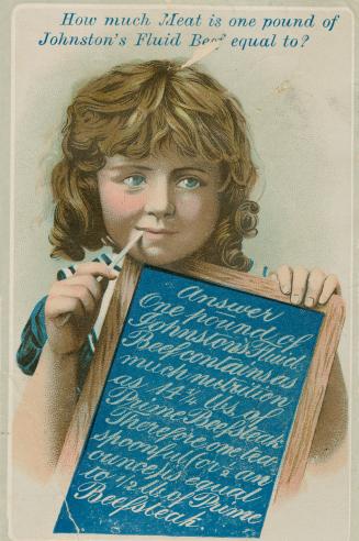 Colour trade card advertisement depicting a girl holding a blue sign, with caption at the top s…