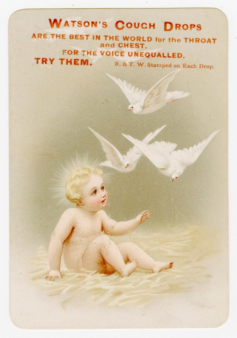 Colour trade card advertisement depicting an illustration of an angelic child with three doves.…