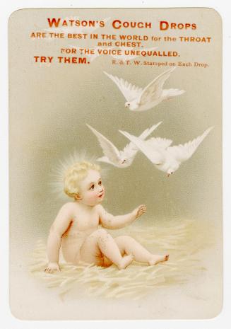 Colour trade card advertisement depicting an illustration of an angelic child with three doves.…