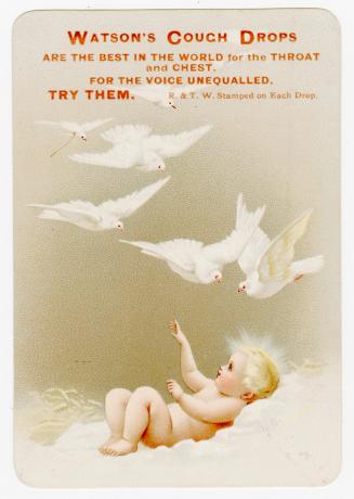 Colour trade card advertisement depicting an illustration of an angelic child looking up at six…