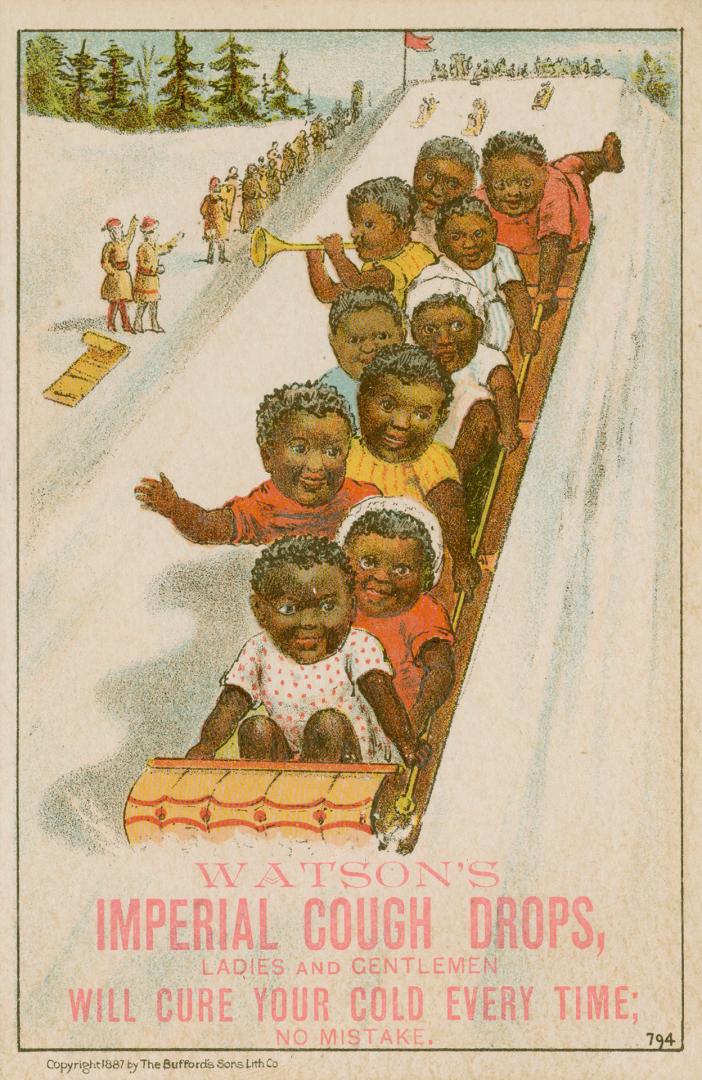 Colour trade card advertisement depicting an illustration of black children toboganning. The ca…