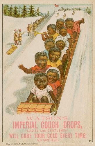 Colour trade card advertisement depicting an illustration of black children toboganning. The ca…