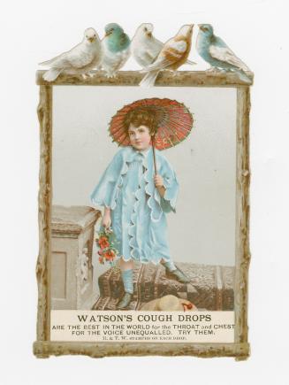 Colour trade card advertisement depicting an illustration of a child in a blue outfit holding a…