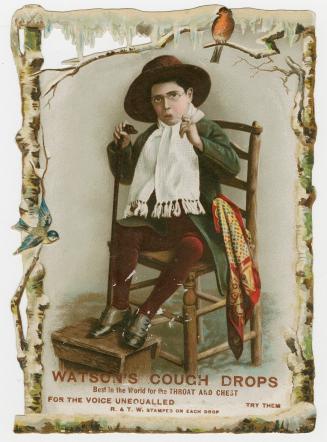 Colour trade card advertisement depicting an illustration of a person holding a cane and pipe, …