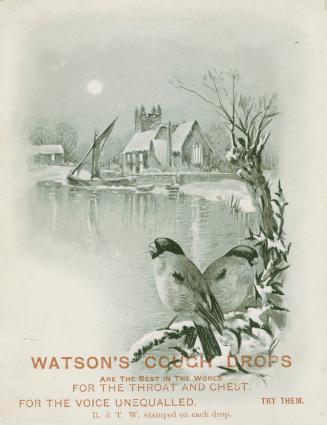 Trade card advertisement depicting a greyscale illustration of two birds in the foreground over…