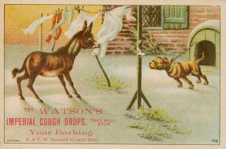 Colour trade card advertisement depicting an illustration of a pony and a dog facing each other…