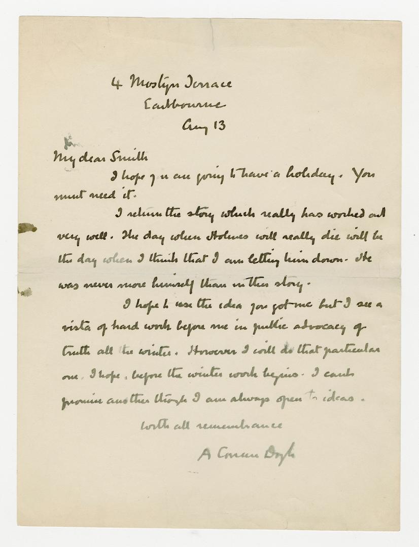 Manuscript letter in Arthur Conan Doyle's handwriting. 