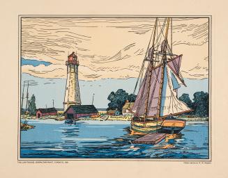 An illustration of a large sailboat on a lake or large pond moving towards a beach area with gr…